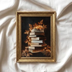 Stampa di libri autunnali / Pila di libri artistica / Luci a stringa autunnali accoglienti / Decorazioni per il Ringraziamento / Stampa per amanti dei libri / Arte estetica dark / P707