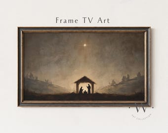 May include: Framed artwork depicting a nativity scene with a star shining above a silhouette of a stable. The painting has a dark, muted color palette with the text "Frame TV Art" at the top.
