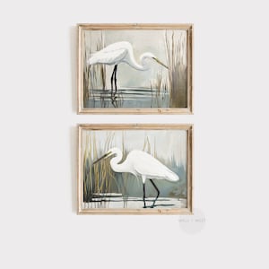 Heron Prints Set of Two | Coastal Birds Oil Painting | Vintage Style Heron Art | Lake House Gallery Wall Art | Beach House Decor | PS11