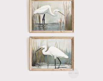 Heron Prints Set of Two | Coastal Birds Oil Painting | Vintage Style Heron Art | Lake House Gallery Wall Art | Beach House Decor | PS11