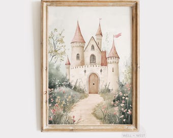 Fairytale Castle Print | Wildflower Landscape Painting | Princess Castle Art | Soft Pastel Printable Summer Art | Girl Nursery Decor | P620