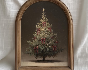 Lámina de árbol de Navidad con lazo rojo: Arte de estilo vintage melancólico, abeto rústico, decoración festiva oscura para las fiestas (descarga digital) P830