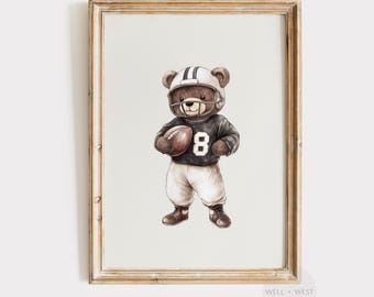 Football Bear Print | Vintage Style Teddy Bear Watercolor | Boys Room Nursery Art | Sports Office Decor | Football Lover Gift | P459