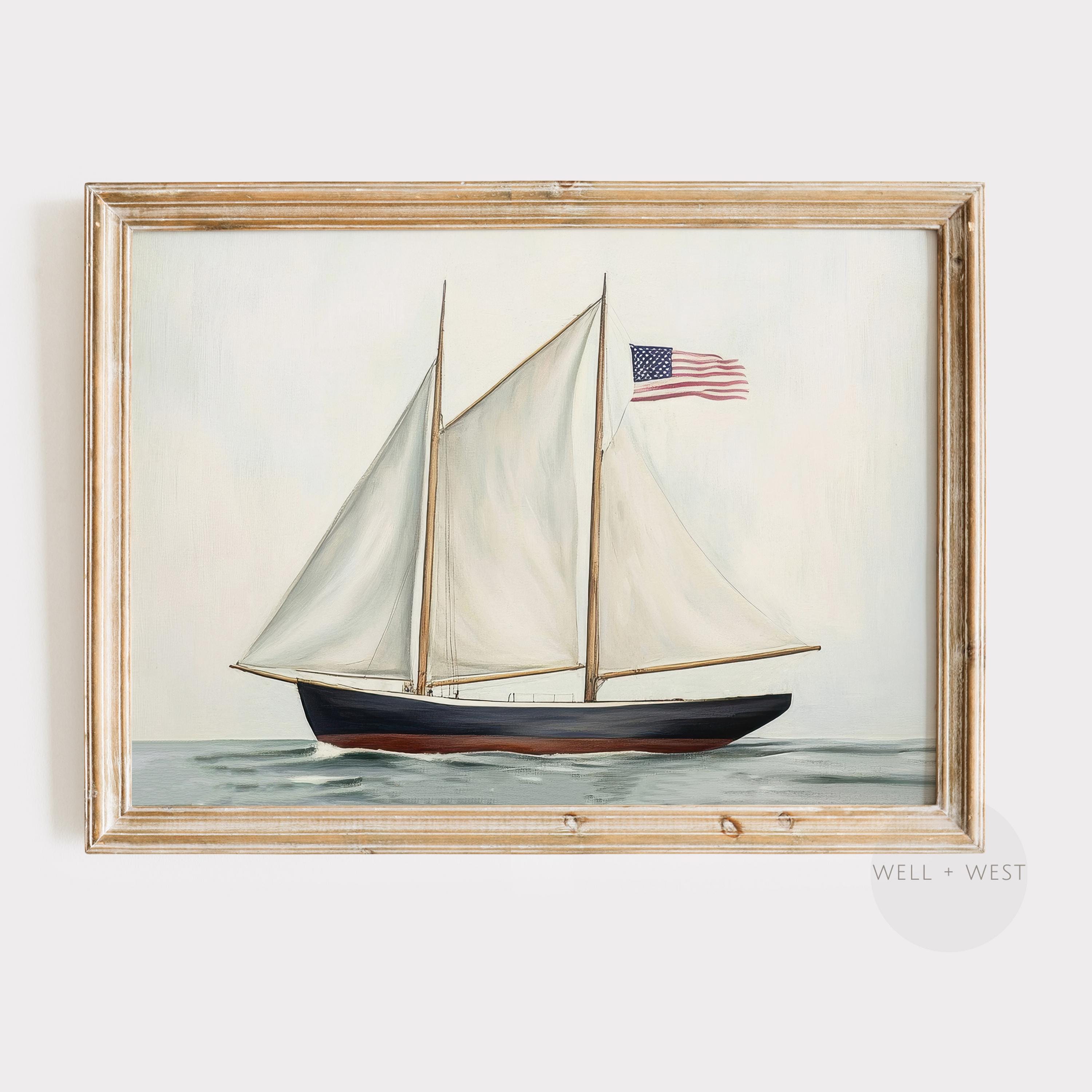 4th of July Ship Print | Vintage Style Sailboat Painting | Independence Day Decor | Patriotic American Flag | Americana Printable Art | P581
