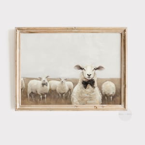 Sheep Print | Vintage Style Sheep Painting | Kids Room Decor | Farmhouse Animal Nursery Art | Antique Neutral Landscape | Bow Tie Art | P159