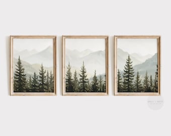 Green Forest Print Set of Three | Vintage Landscape Triptych | Mountain Oil Painting | Farmhouse Decor | Woodland Forest Nursery Art | PS13