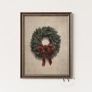 Vintage Style Christmas Wreath with Red Bow Print: Festive Winter Holiday Decor, Rustic Seasonal Wall Art (Digital Download) P827