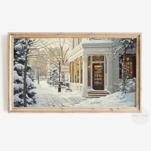 Winter Bookstore Frame TV Art | Cozy Bookshop Painting | Snowy Cottagecore | Neutral Vintage Style | Bookish Decor | Booklover Art | TV400