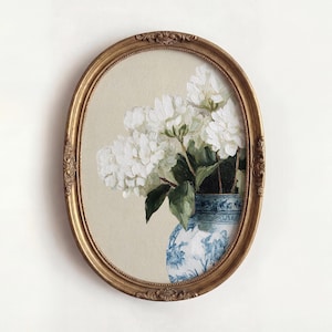 Estampa de Hortênsias Brancas em Azul Chinoiserie para Casa de Campo de Verão, Arte Floral Neutra, Estilo Campestre Francês, Flor em Estilo Vintage (Download Digital) P994