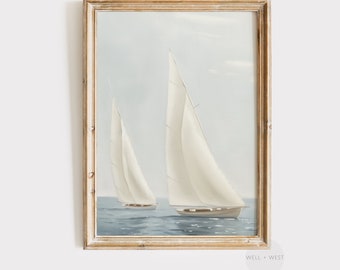 Vintage Style Sailboat Art | Soft Coastal Seascape Oil Painting | Printable Beach House Wall Decor | Nautical Print Digital Download | P055