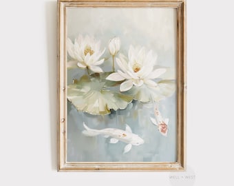 Koi Fish Print | White Lily Flowers Pond Oil Painting | Vintage Pastel Blue Printable Art | Botanical Garden Print | Japanese Decor | P211