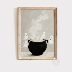 Stampa di calderone nero / Fantasma di Halloween in stile vintage / Dipinto a olio malinconico / Decorazione spettrale infestata / Arte stampabile della fattoria autunnale / P226