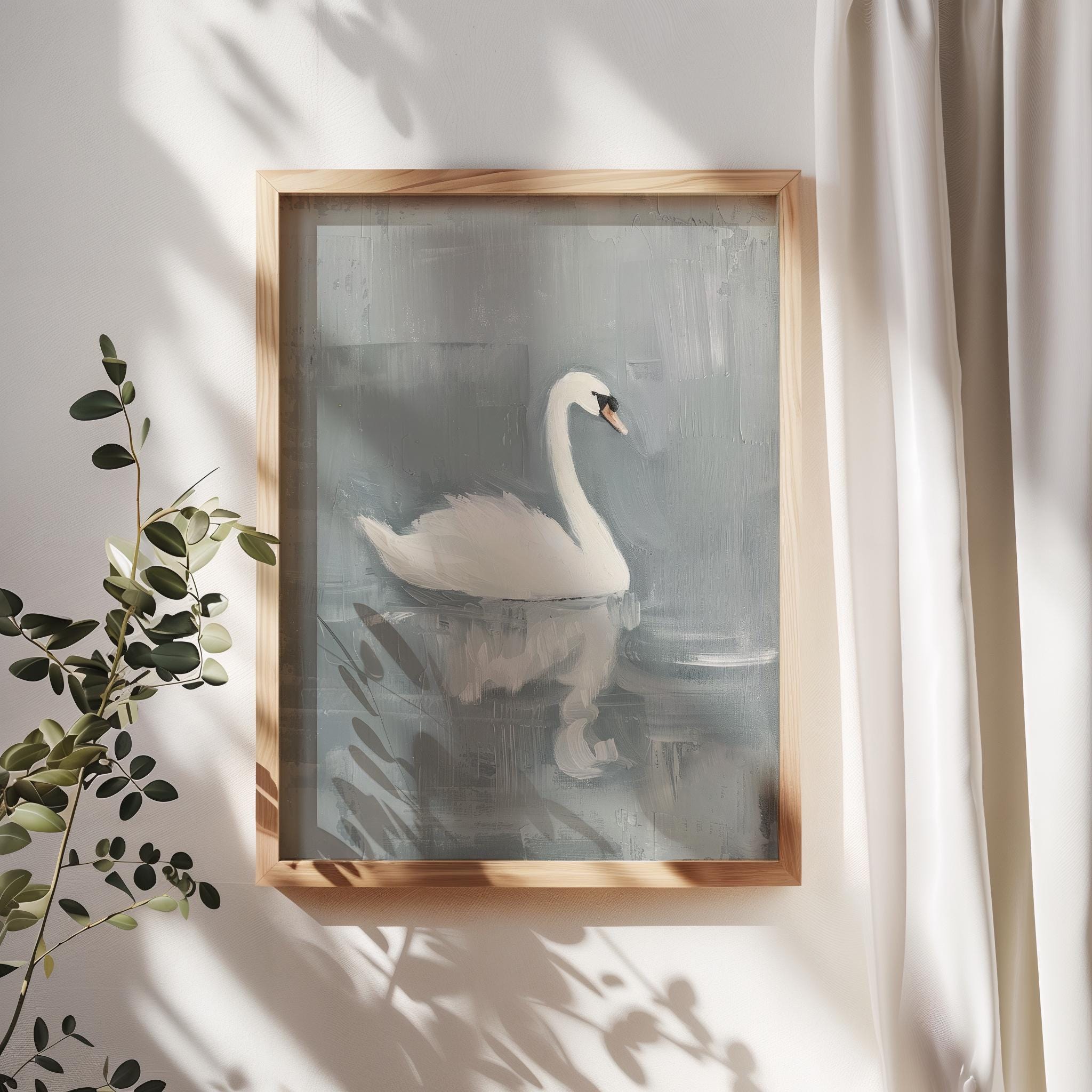 Swan Print | White Swan Vintage Style Painting | Muted Blue Artwork ...