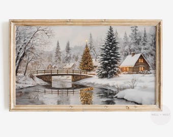 Cozy Winter Frame TV Art | Snowy Cabin Landscape Oil Painting | Christmas Tree TV Art | Neutral Vintage Style Festive Holiday Art | TV354