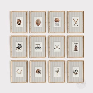 Conjunto de 12 láminas deportivas / Ilustraciones de estilo vintage / Béisbol, fútbol americano, golf, hockey, baloncesto, fútbol americano / Decoración infantil para habitación de niño / PS150