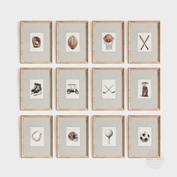 Set of 12 Sports Prints | Vintage Style Illustrations | Baseball, Football, Golf, Hockey, Basketball, Soccer | Boys Room Nursery Art | PS150