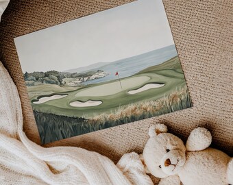 ゴルフコースのプリント | 海岸沿いのゴルフコースの水彩画 | 落ち着い