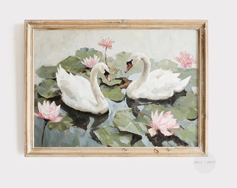 May include: A framed painting of two white swans swimming in a pond with pink water lilies. The swans are facing each other and the water lilies are in bloom.
