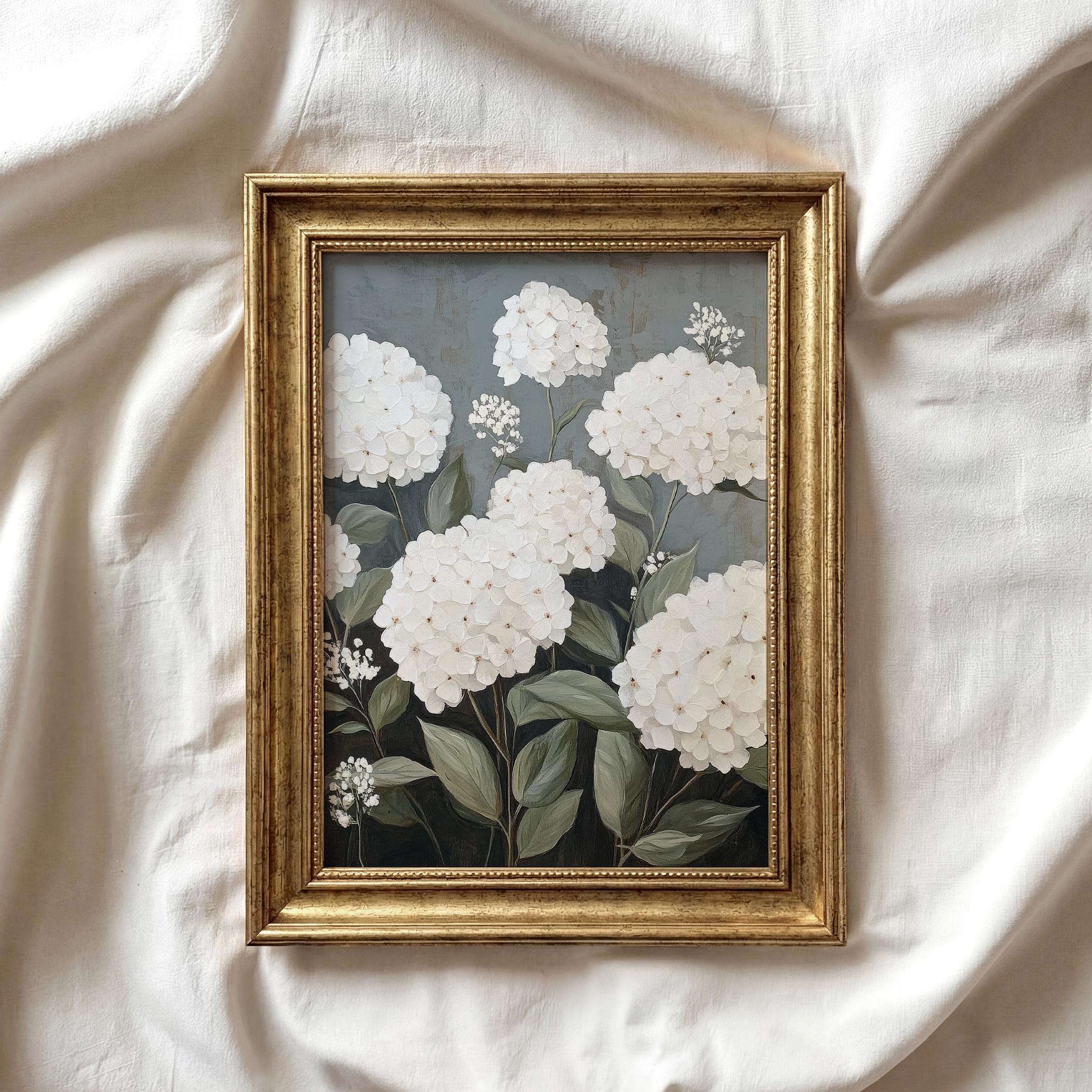White Hydrangea Print | Floral Painting | Muted Blue Rustic Flower Art ...