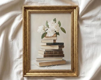 Stapel boeken schilderen | Witte lentebloemen | Vintage Light Academia | Cadeau boekenliefhebber | Afdrukbare boekenwurm | Cottagecore-decor | P140