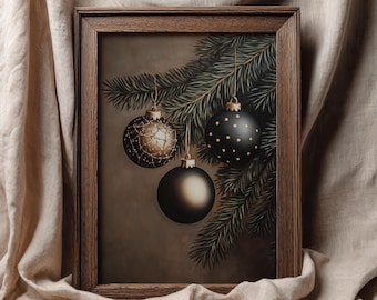 Vintage Ornament Print | Neutral Moody Christmas Art | Holiday Printable Wall Art | Dark Aesthetic Winter Decor | Christmas Tree Art | P379