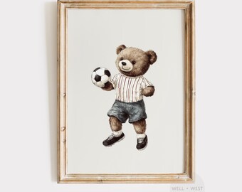 Soccer Bear Print | Vintage Style Soccer Teddy | Boys Room Printable Art | Sports Office Decor | Nursery Art | Soccer Lover Gift | P464