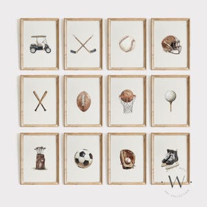 Sports Prints Set of 12 | Vintage Style Illustrations | Baseball, Football, Golf, Hockey, Basketball, Soccer | Boys Room Nursery Art | PS158