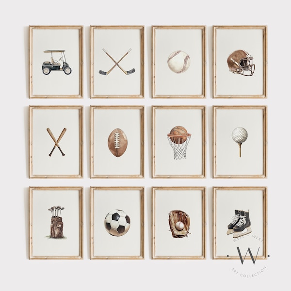 Ensemble de 12 affiches sportives | Illustrations style vintage | Baseball, football américain, golf, hockey, basketball, football | Décoration pour chambre de garçon | PS158