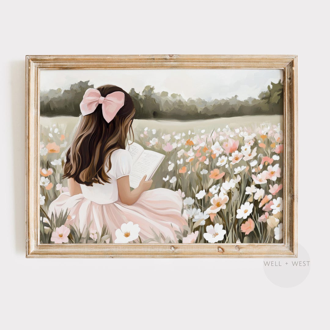 Brunette Girl Reading Book Print | Pastel Pink Bow | Vintage Style ...