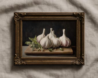 Impression d'ail | Décoration murale cuisine champêtre | Peinture de cuisine de mauvaise humeur | nature morte vintage | Impression d'herbes rustiques | Décoration antique de ferme | P435