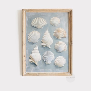 Seashells Print | Pastel Blue Beach Shells Painting | Coastal Bathroom Art | Beach House Ocean Aesthetic | Hamptons Nautical Decor | P536