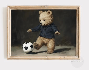 Teddy Bear Soccer Print | Vintage Style Soccer Ball Painting | Dark Nursery Sports Decor | Boy Room Printable Art | Sport Lovers Gift | P451