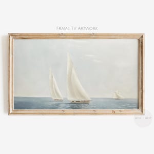 Summer Samsung Frame TV Art Sailboat | Vintage Style Seascape Painting | Lake House Sailboat Artwork | Muted Neutral Coastal Decor | TV055