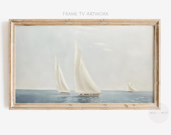 Summer Samsung Frame TV Art Sailboat | Vintage Style Seascape Painting | Lake House Sailboat Artwork | Muted Neutral Coastal Decor | TV055