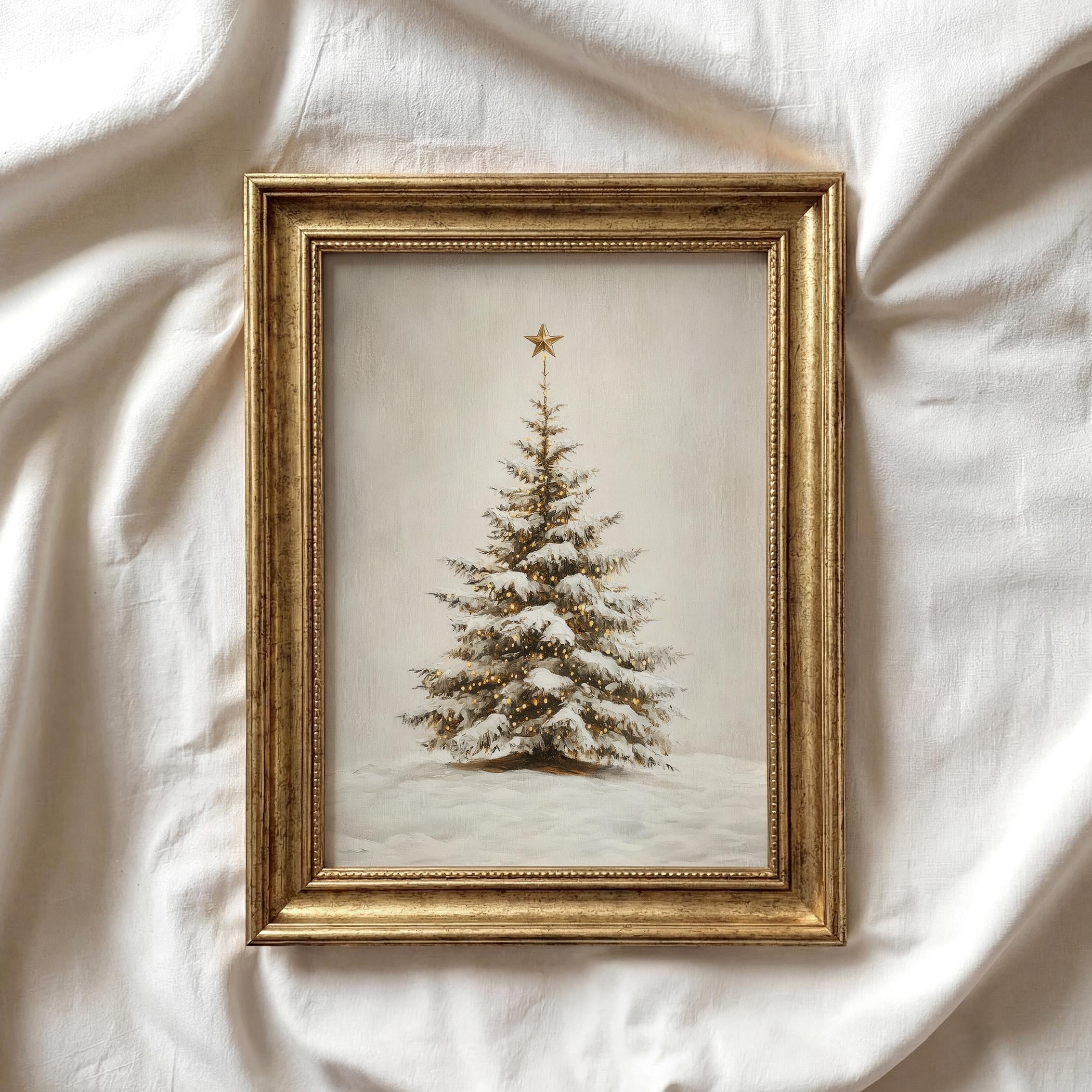 Weihnachtsbaum Druck | Vintage Stil Verschneites Baumbild | Festliche neutrale Feiertags-Wandkunst | Druckbare Kunst Winter Weihnachtsbaum | P374