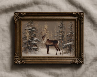 Moody Christmas Reindeer Print: Neutral Dark Snowy Forest, Vintage Style Winter Holiday Decor, Printable Seasonal Wall Art