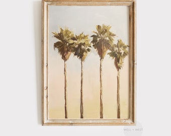 Puede incluir: Una pintura enmarcada de cuatro palmeras contra un cielo azul claro y rosa. Los árboles están pintados en un estilo realista con troncos marrones y frondas verdes. La pintura está en un marco de madera claro.