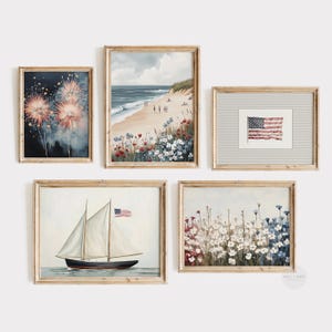Printable Independence Day Art Set of Five | 4th of July Painting | Vintage Style Coastal Decor | USA Summer Decor | American Flag | PS148