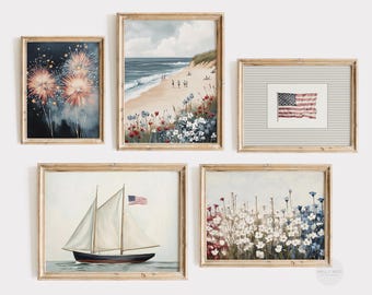 Printable Independence Day Art Set of Five | 4th of July Painting | Vintage Style Coastal Decor | USA Summer Decor | American Flag | PS148