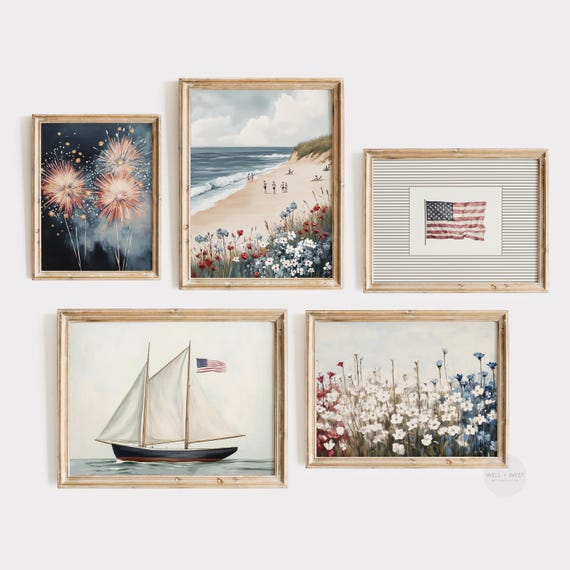 Printable Independence Day Art Set of Five | 4th of July Painting | Vintage Style Coastal Decor | USA Summer Decor | American Flag | PS148