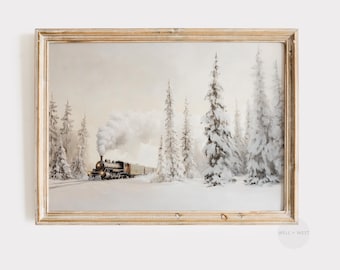 May include: A vintage steam train travels through a snowy forest. The train is black with red accents and is pulling a string of passenger cars. The trees are covered in snow and the sky is a light blue.