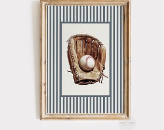 Lámina deportiva de béisbol y guante azul / Ilustración de rayas azules de estilo vintage para pared, ideal para habitación infantil, guardería, cueva de hombre y oficina.