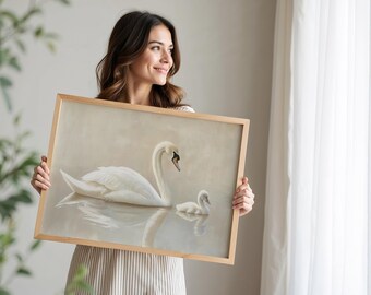 白鳥のアートプリント | アンティークホワイトスワンの絵画