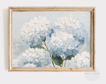 Pastel Blue Hydrangea Print | Vintage Style White Floral | Coastal Living Room Art | Cottagecore Decor | French Country Farmhouse | P737