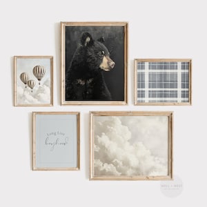 May include: A selection of framed art prints with a vintage style. The set features a black bear portrait, hot air balloons, a cloudscape, a plaid pattern, and a print with the text "Long Live boyhood". All prints are in wooden frames.