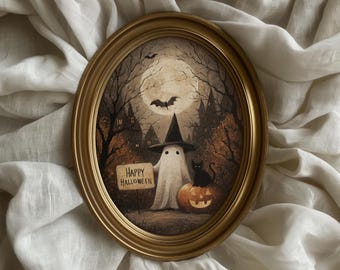 Ghost Print | Vintage Black Cat Painting | Happy Halloween Sign Printable Wall Art | Spooky Dark Academia | Reading Glasses Decor | P769