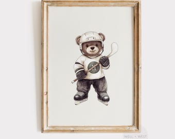 Hockey Bear Print | Vintage Style Teddy Bear Watercolor Art | Boys Room Nursery Art | Sports Playroom Decor | Hockey Lover Gift | P469