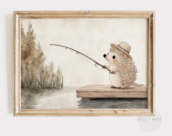 Impresión de pesca / Pintura de acuarela de erizo pescando / Arte vintage para habitación de niño / Decoración de guardería con temática de bosque / Estética natural / P480