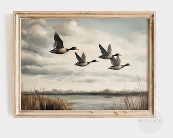 Flying Ducks Print | Vintage Style Lake Painting | Rustic Boy Nursery | Country Decor | Office Decor | Hunter Gift | Bird Lover Art | P542