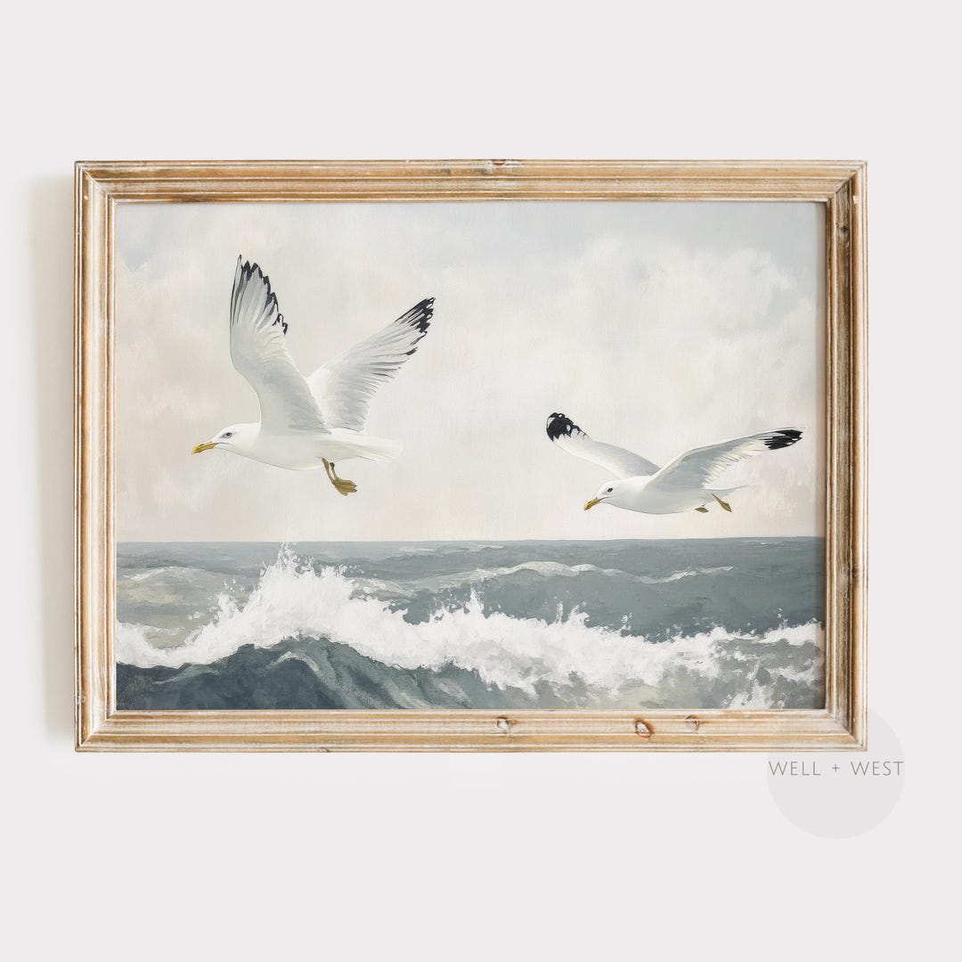 Seagulls Print | Muted Coastal Bird Painting | Printable Bathroom Art ...